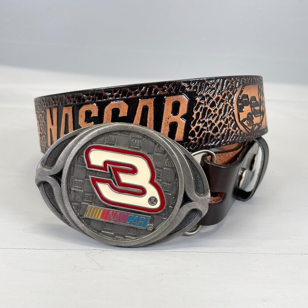 Vintage NASCAR Mens 42-47 Leather Belt Tooled Brown Racing Richard Childress #3